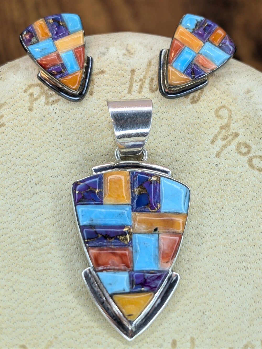Vintage Sterling Mosaic Spiny Oyster Purple Mohave Turquoise Inlay Arrowhead Set
